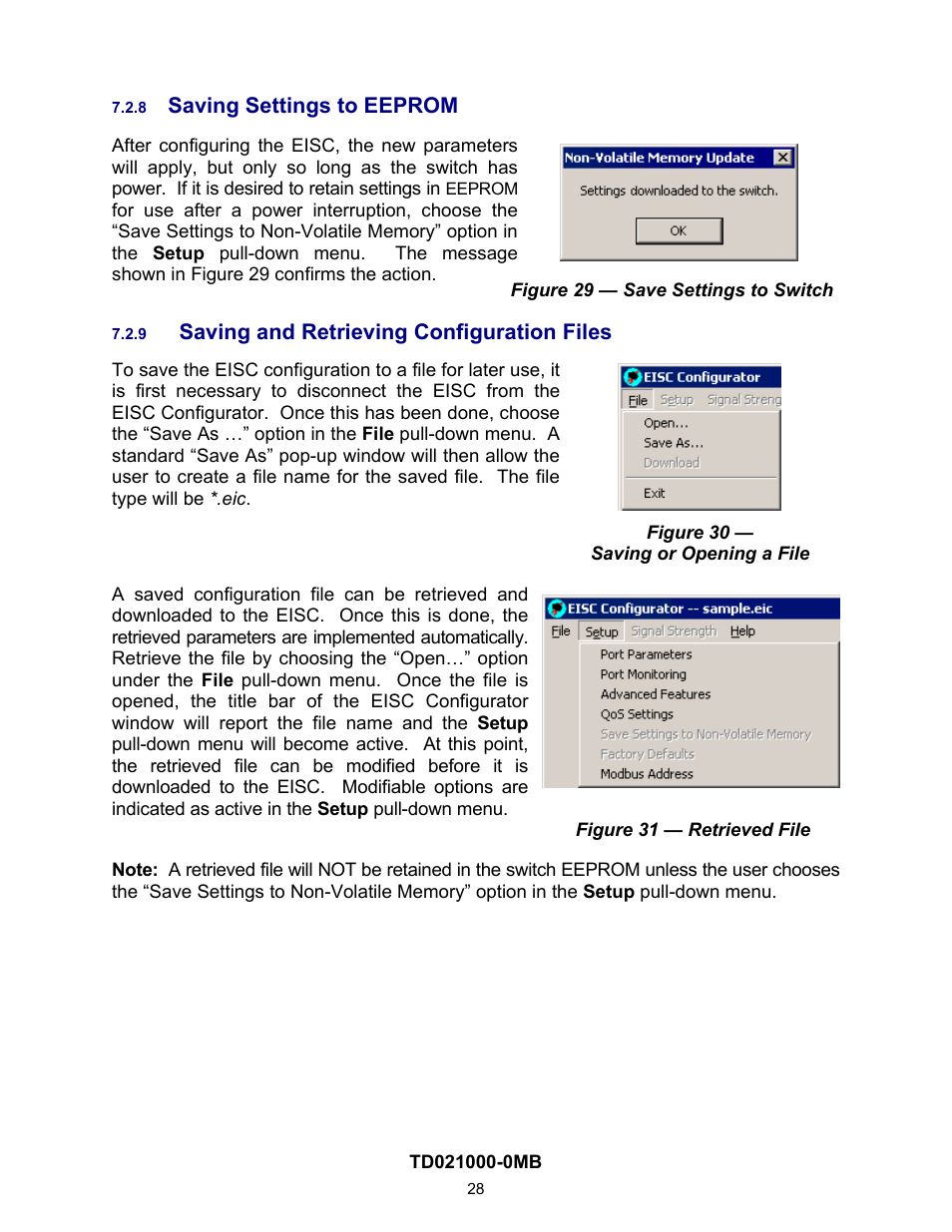 Saving settings to eeprom, Saving and retrieving configuration files | Contemporary Control Systems EISC Configurable Switches User Manual User Manual | Page 28 / 36