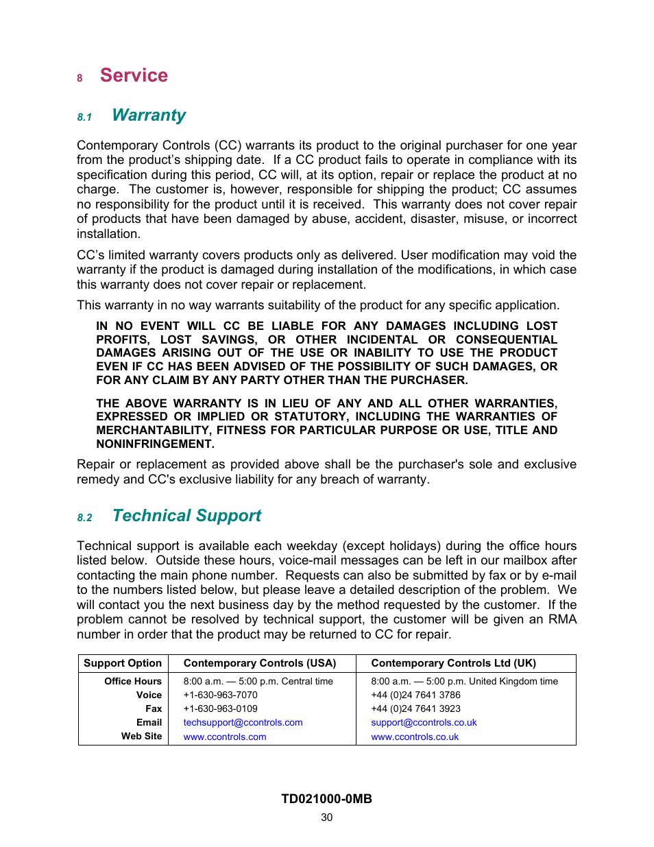 Service, Warranty, Technical support | 2 technical, Support | Contemporary Control Systems EISC Configurable Switches User Manual User Manual | Page 30 / 36