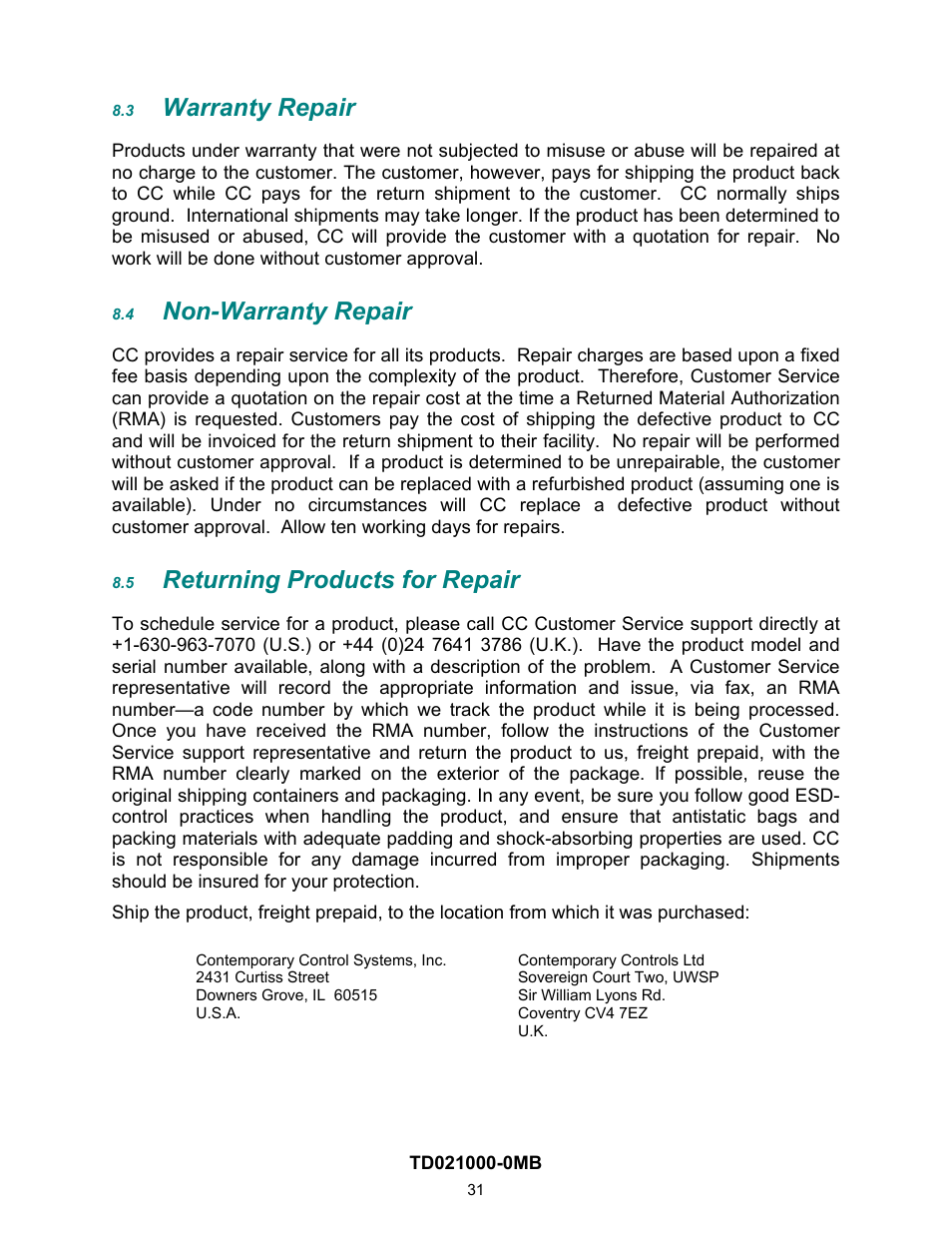 Warranty repair, Non-warranty repair, Returning products for repair | 3 warranty, Repair, 4 non-warranty | Contemporary Control Systems EISC Configurable Switches User Manual User Manual | Page 31 / 36