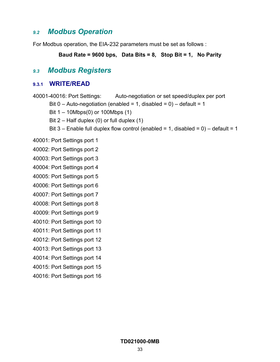 Modbus operation, Modbus registers, Write/read | 2 modbus, Operation, 3 modbus, Registers, 1 write/read | Contemporary Control Systems EISC Configurable Switches User Manual User Manual | Page 33 / 36