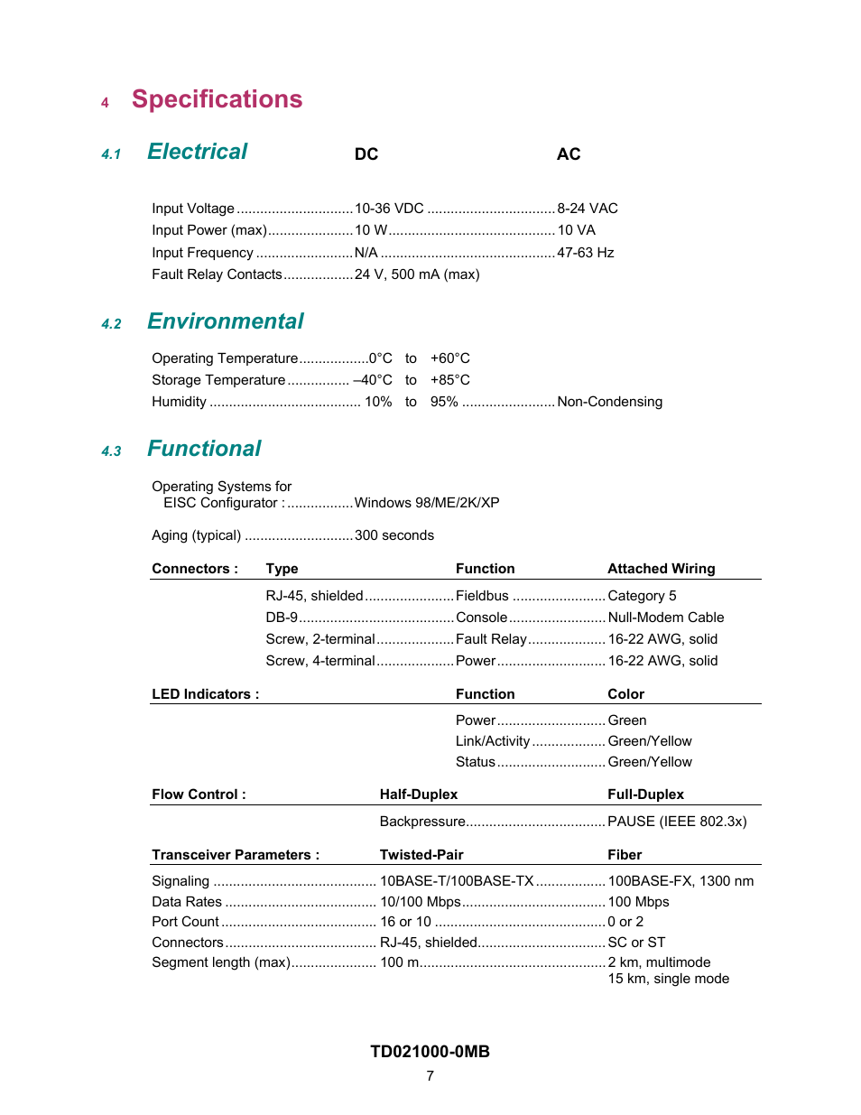 Specifications, Electrical, Environmental | Functional, 1 electrical 4.2 environmental 4.3 functional | Contemporary Control Systems EISC Configurable Switches User Manual User Manual | Page 7 / 36