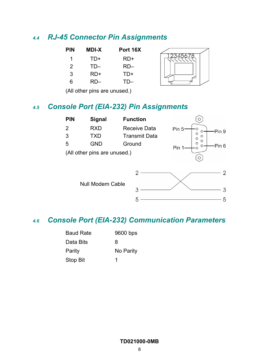 Rj-45 connector pin assignments, Console port (eia-232) pin assignments, Console port (eia-232) communication parameters | Contemporary Control Systems EISC Configurable Switches User Manual User Manual | Page 8 / 36