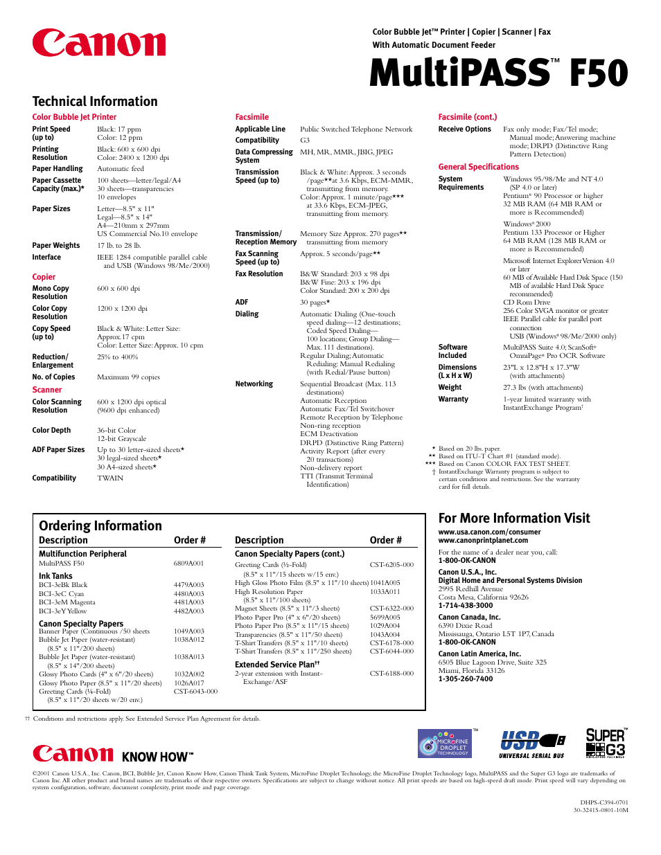 Multipass, For more information visit, Technical information ordering information | Canon F50 User Manual | Page 2 / 2