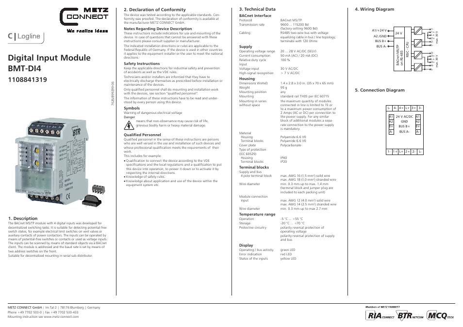 Contemporary Control Systems BACnet Cube I/O BMT-DI4 User Manual | 3 pages