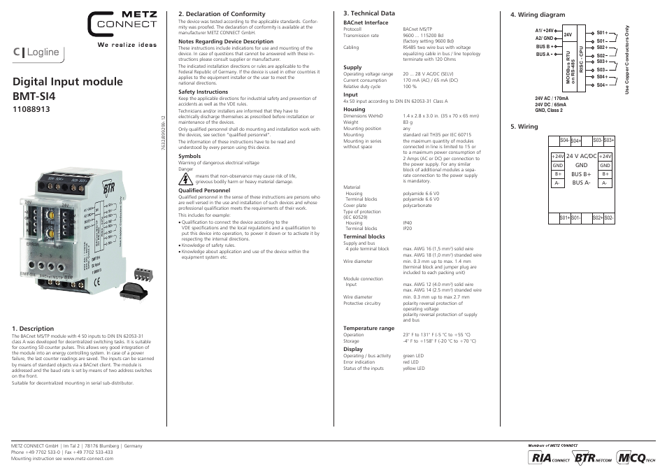 Contemporary Control Systems BACnet Cube I/O BMT-SI4 User Manual | 3 pages