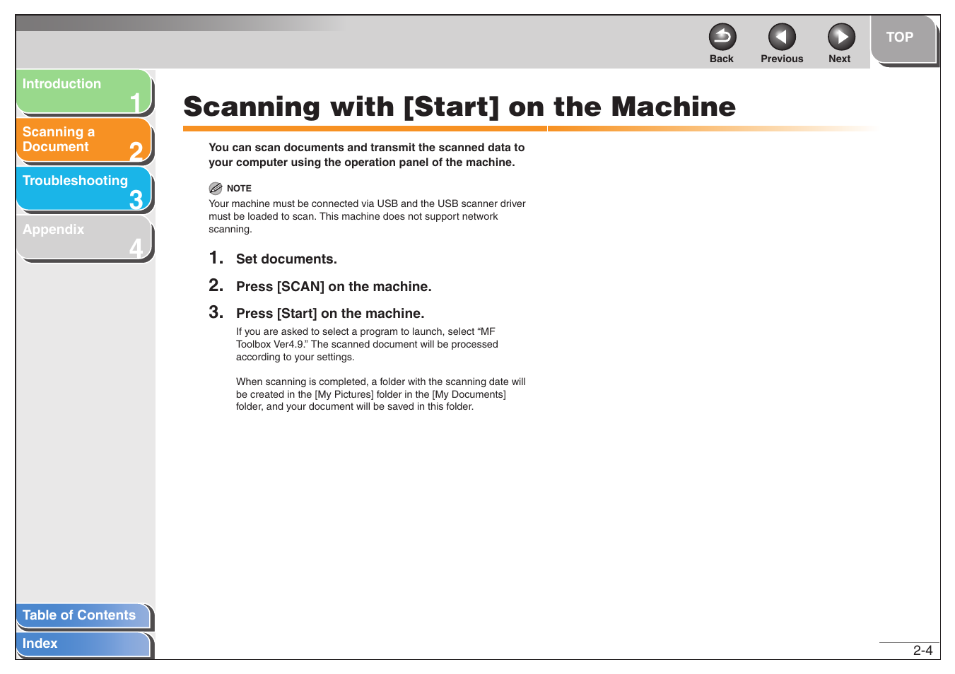 Scanning with [start] on the machine, Scanning with [start] on the machine -4, Next | Canon MF6500 User Manual | Page 18 / 80