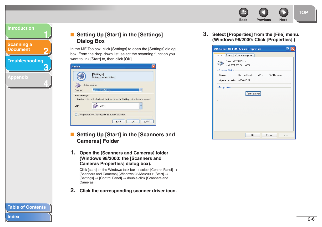 Setting up [start] in the [settings] dialog box, Setting up [start] in the [settings] dialog box -6, Next | Canon MF6500 User Manual | Page 20 / 80