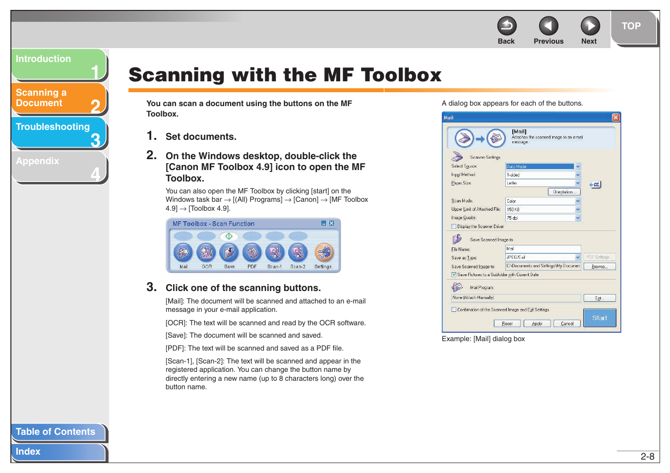 Scanning with the mf toolbox, Scanning with the mf toolbox -8, Next | Canon MF6500 User Manual | Page 22 / 80