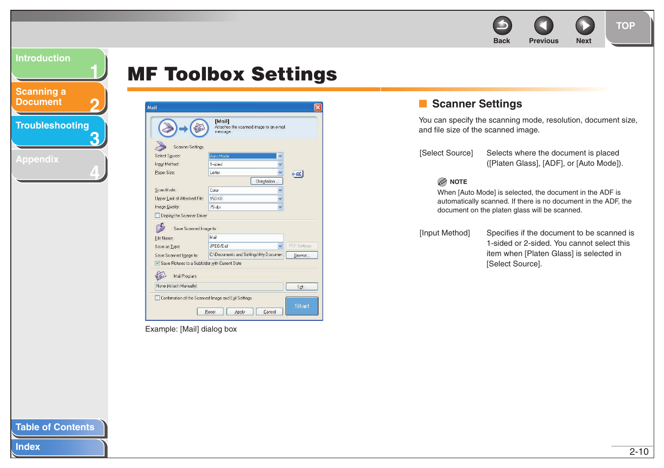 Mf toolbox settings, Scanner settings, Mf toolbox settings -10 | Scanner settings -10, Next, See “mf toolbox settings,” on p. 2-10 | Canon MF6500 User Manual | Page 24 / 80