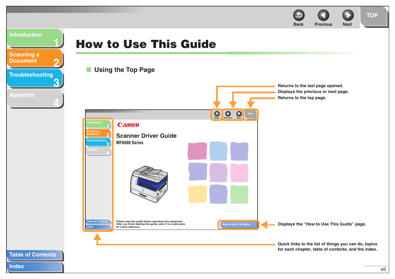 How to use this guide, Next | Canon MF6500 User Manual | Page 8 / 80