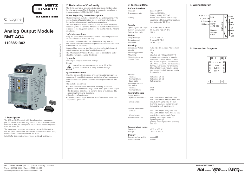 Contemporary Control Systems BACnet Cube I/O BMT-AO4 User Manual | 3 pages