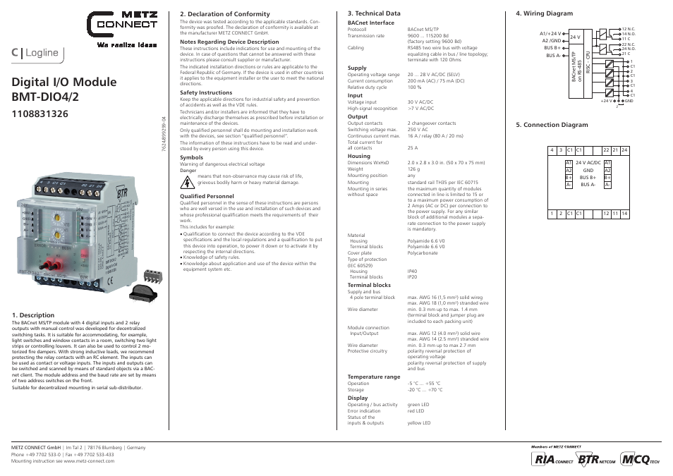 Contemporary Control Systems BACnet Cube I/O BMT-DIO4/2 User Manual | 4 pages