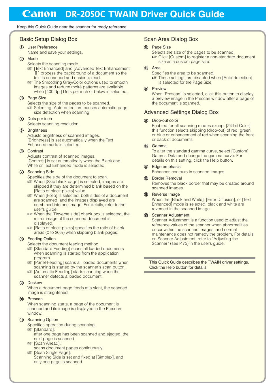 Twain driver quick guide, Basic setup dialog box, Scan area dialog box | Advanced settings dialog box | Canon DR-2050SP User Manual | Page 101 / 103