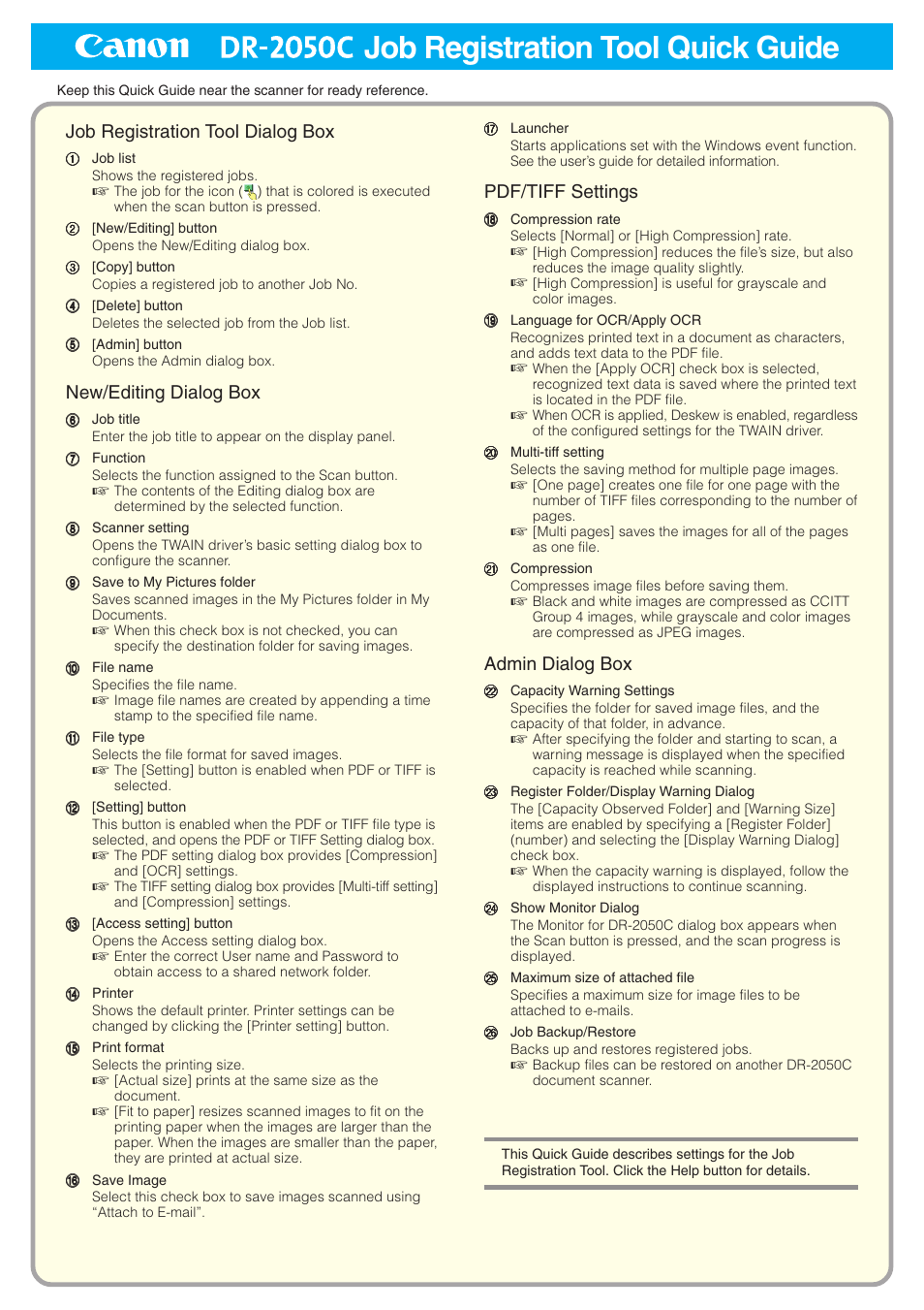 Job registration tool quick guide, Job registration tool dialog box, New/editing dialog box | Pdf/tiff settings, Admin dialog box | Canon DR-2050SP User Manual | Page 103 / 103