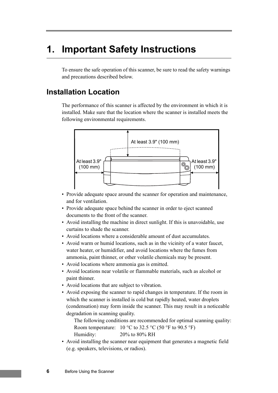 Important safety instructions, Installation location | Canon DR-2050SP User Manual | Page 12 / 103