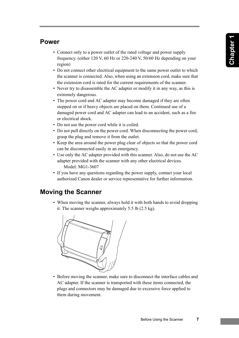 Power moving the scanner, Chapter 1 power, Moving the scanner | Canon DR-2050SP User Manual | Page 13 / 103