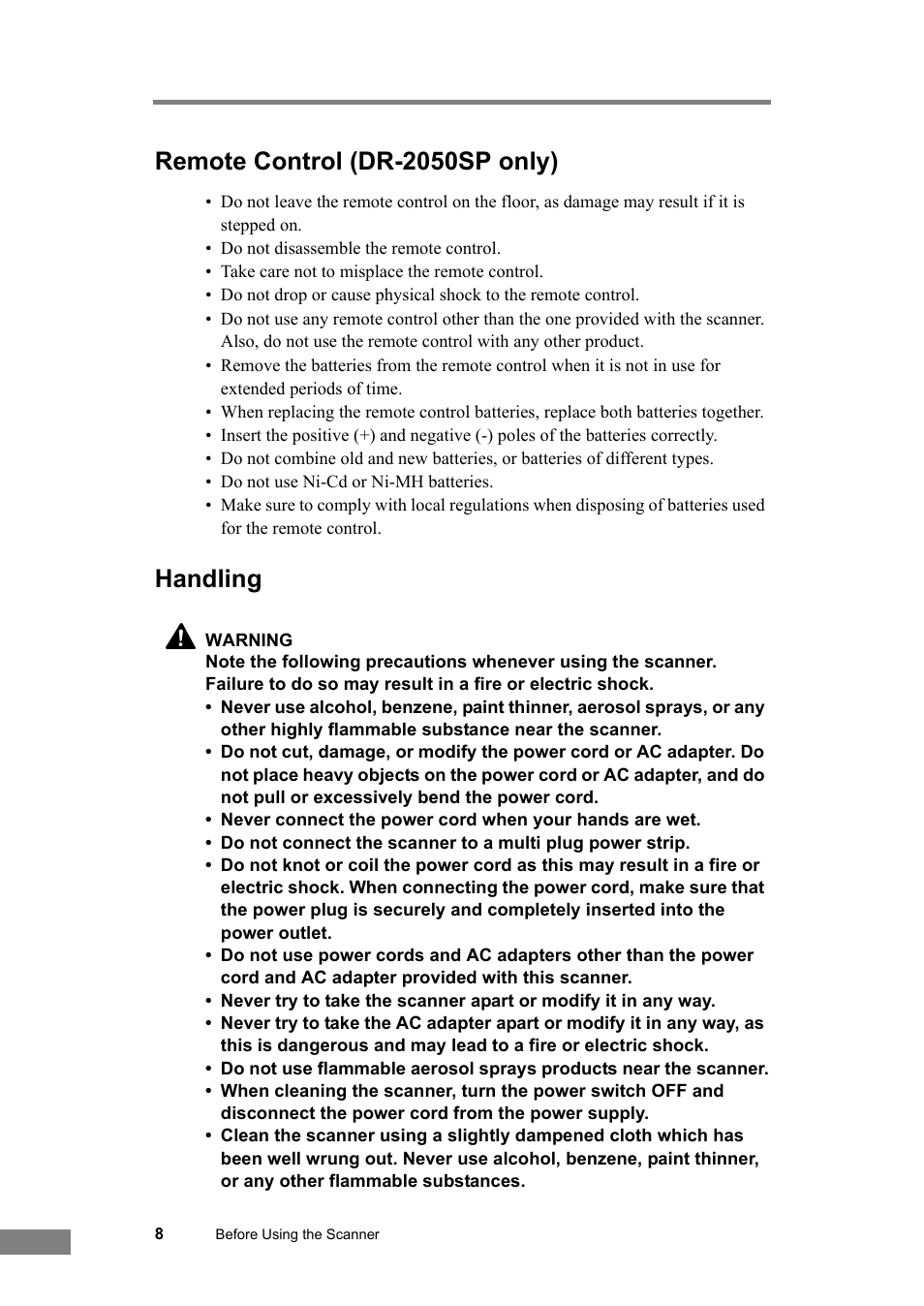 Remote control (dr-2050sp only) handling, Remote control (dr-2050sp only), Handling | Canon DR-2050SP User Manual | Page 14 / 103