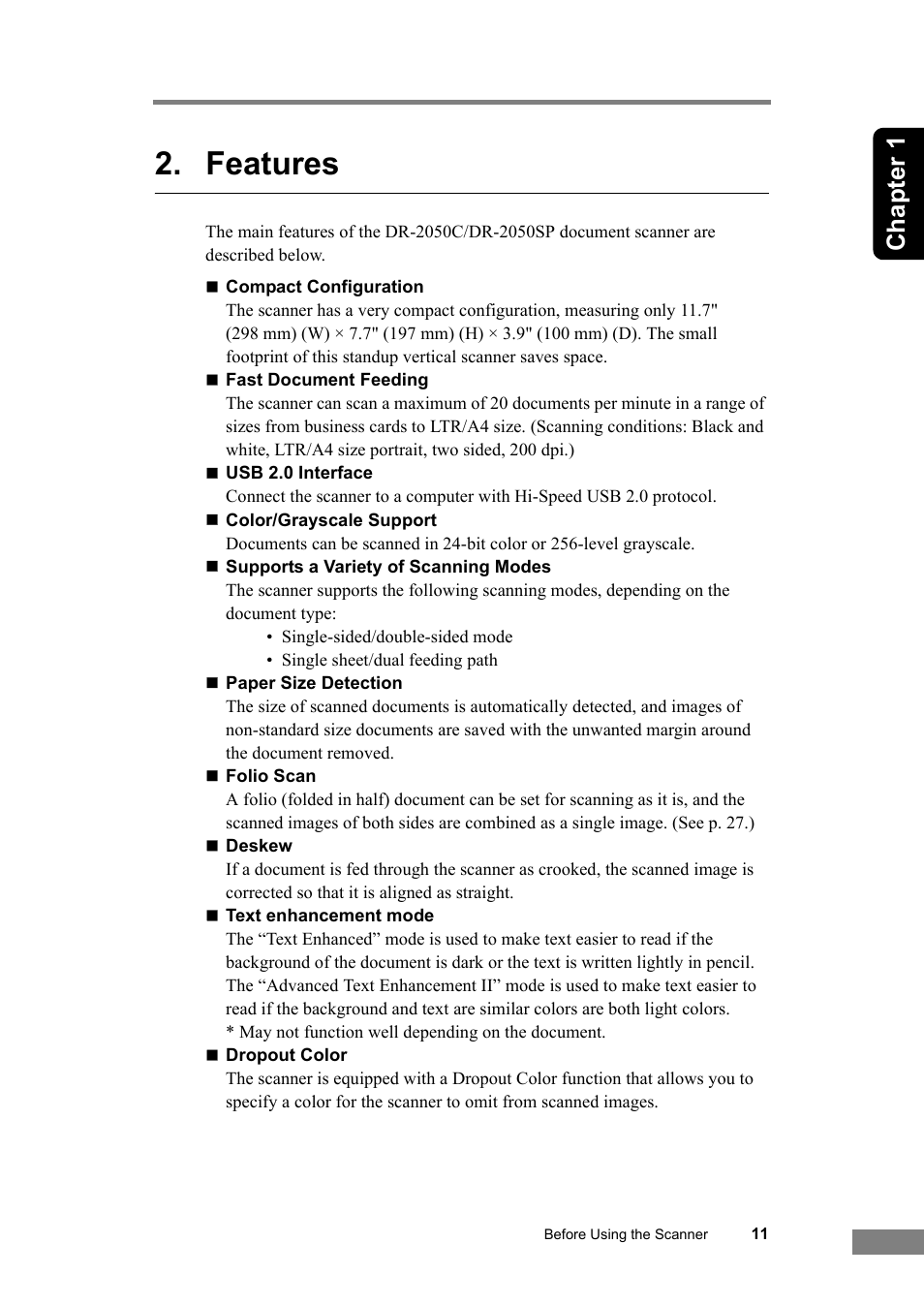 Features, Chapter 1 | Canon DR-2050SP User Manual | Page 17 / 103