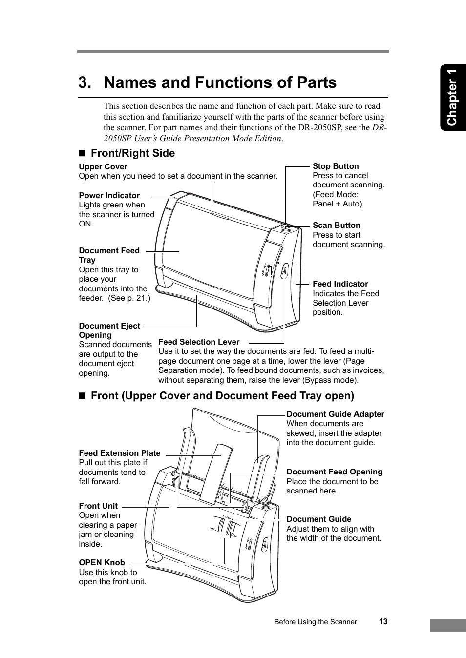 Names and functions of parts, Chapter 1 | Canon DR-2050SP User Manual | Page 19 / 103