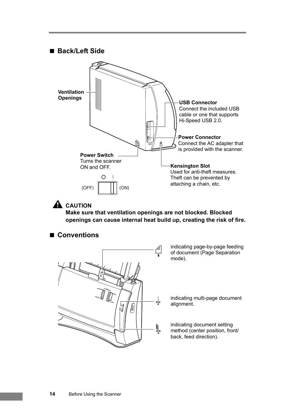 Back/left side, Conventions | Canon DR-2050SP User Manual | Page 20 / 103