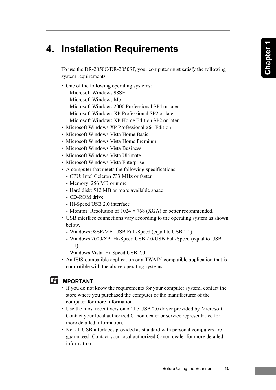 Installation requirements, Chapter 1 | Canon DR-2050SP User Manual | Page 21 / 103