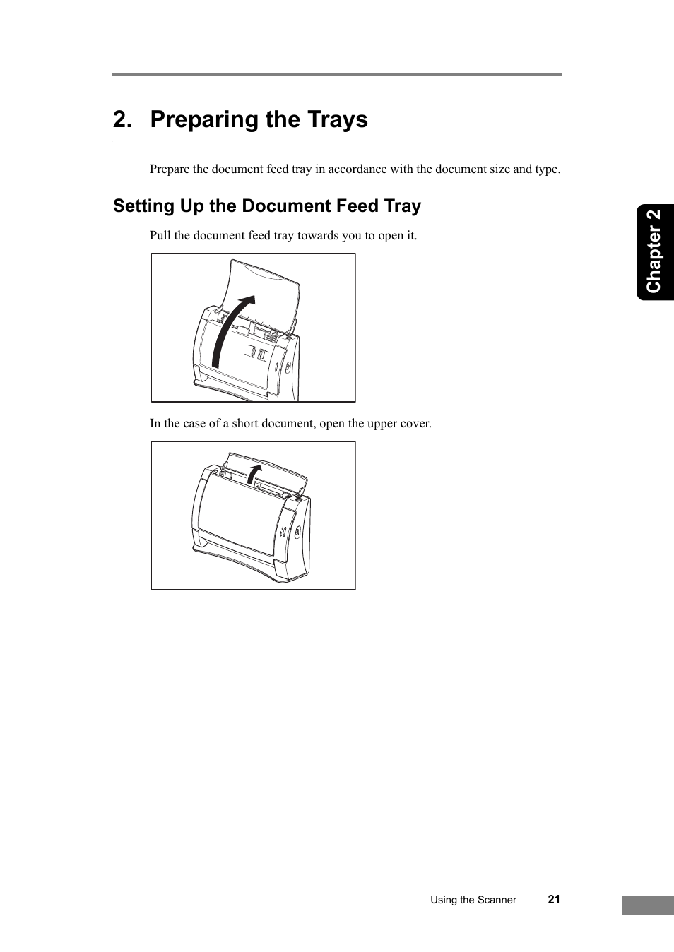 Preparing the trays, Setting up the document feed tray, Chapter 2 | Canon DR-2050SP User Manual | Page 27 / 103