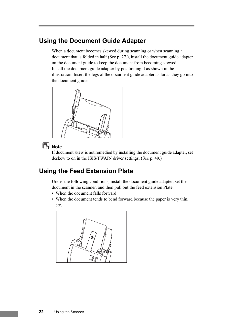 Using the document guide adapter, Using the feed extension plate | Canon DR-2050SP User Manual | Page 28 / 103