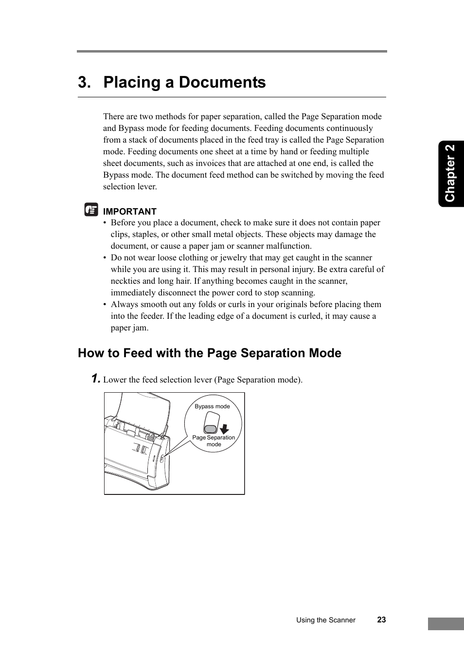 Placing a documents, Chapter 2, How to feed with the page separation mode 1 | Canon DR-2050SP User Manual | Page 29 / 103