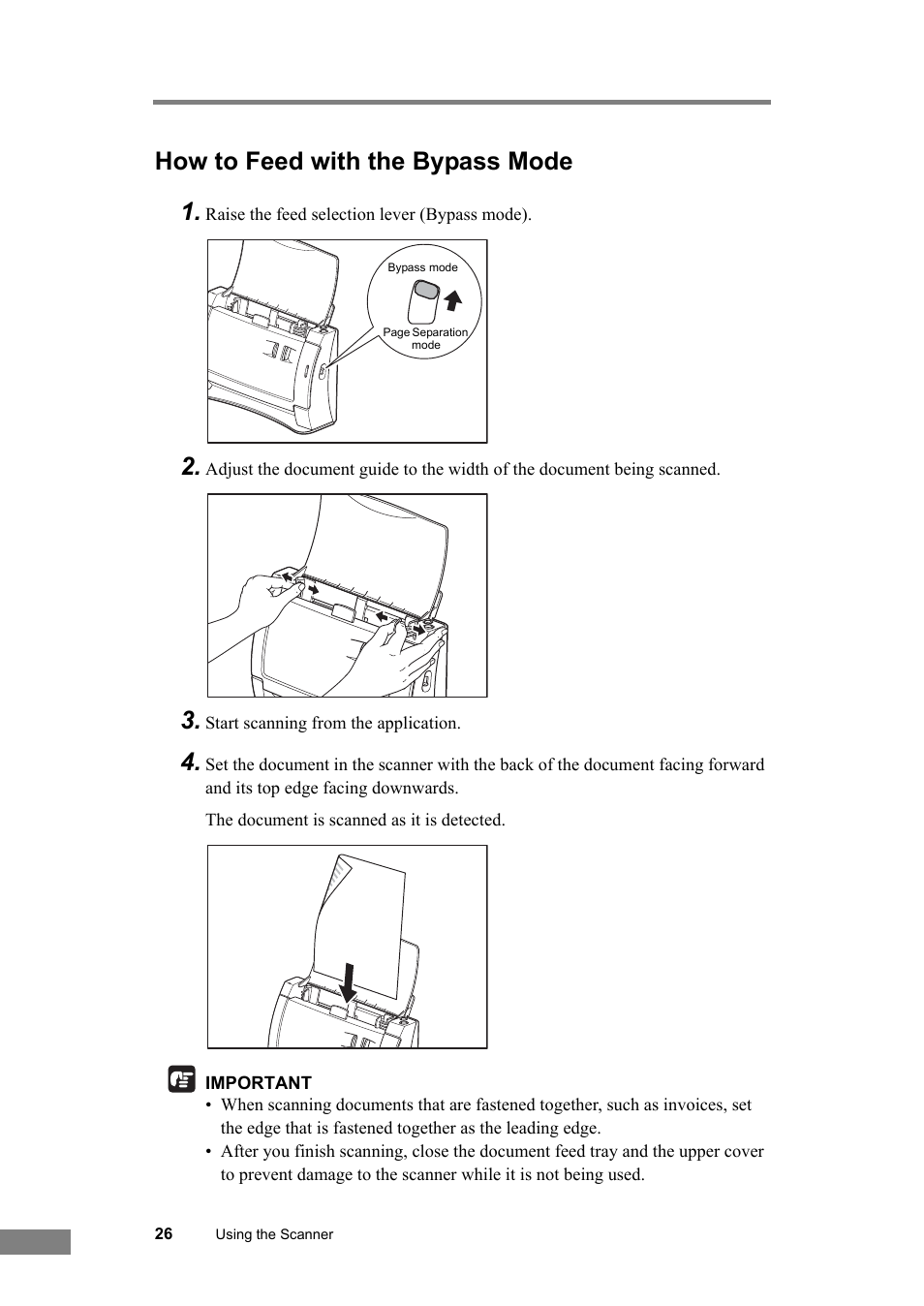 How to feed with the bypass mode, How to feed with the bypass mode 1 | Canon DR-2050SP User Manual | Page 32 / 103