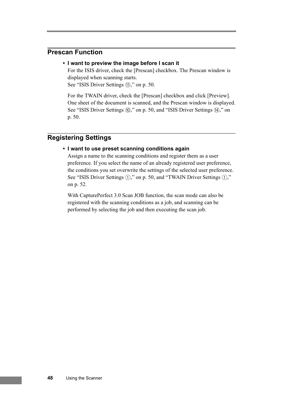 Prescan function, Registering settings | Canon DR-2050SP User Manual | Page 54 / 103