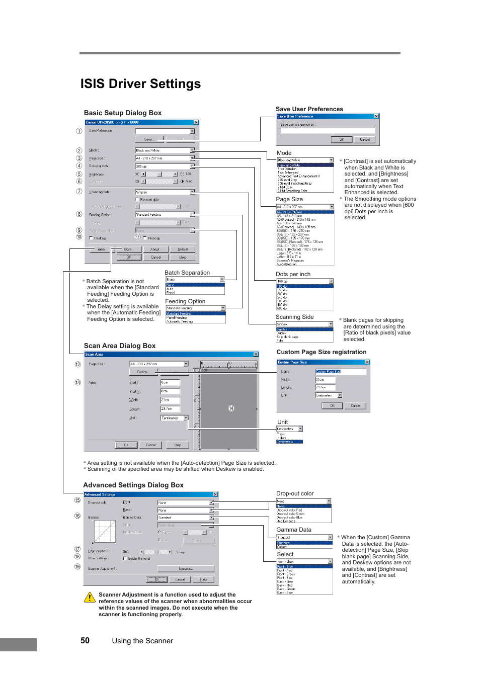 Isis driver settings, See “isis driver settings g,” on p. 50, See “isis driver settings c,” on p. 50 | See “isis driver settings l,” on p. 50, See “isis driver settings m,” on p. 50, See “isis driver settings h,” on p. 50, D “isis driver settings i,” on p. 50, See “isis driver settings b,” on p. 50, See “isis driver settings o,” on p. 50, See “isis driver settings q,” on p. 50 | Canon DR-2050SP User Manual | Page 56 / 103