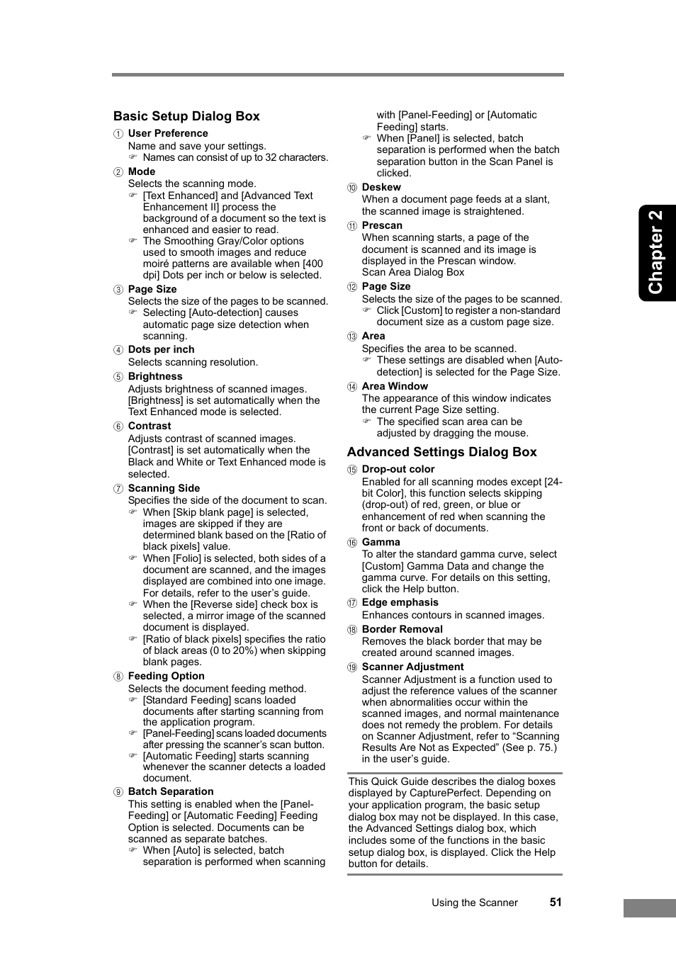 Chapter 2, Basic setup dialog box, Advanced settings dialog box | Canon DR-2050SP User Manual | Page 57 / 103