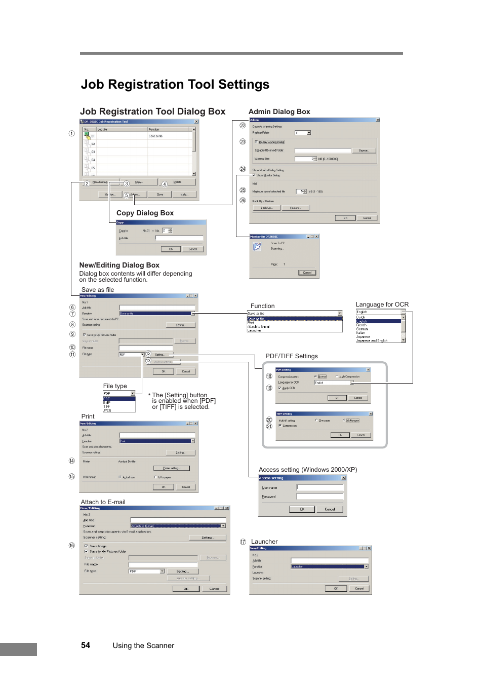 Job registration tool settings, See “job registration tool, Settings,” on p. 54.) | Job registration tool dialog box | Canon DR-2050SP User Manual | Page 60 / 103