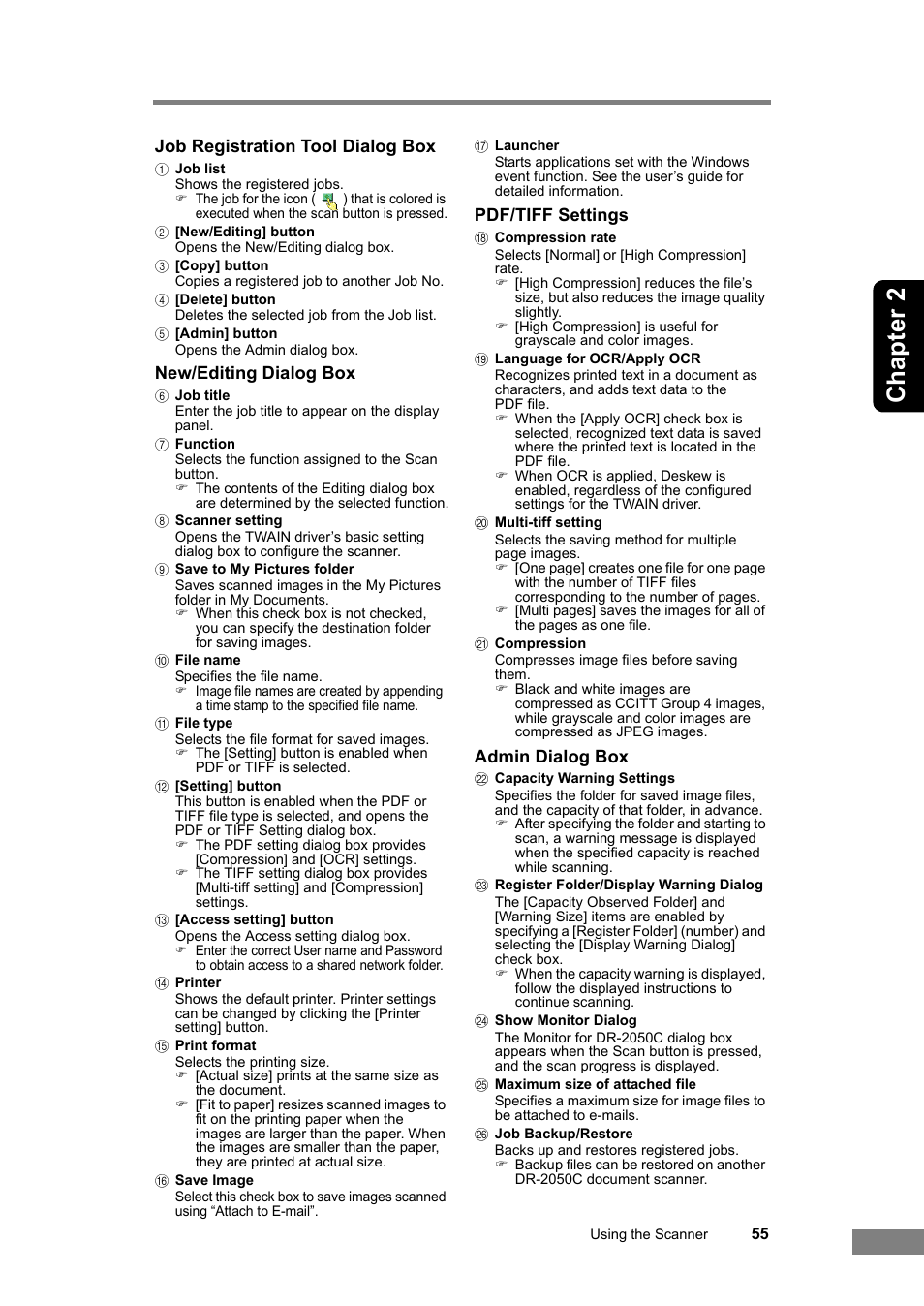 Chapter 2, Job registration tool dialog box, New/editing dialog box | Pdf/tiff settings, Admin dialog box | Canon DR-2050SP User Manual | Page 61 / 103