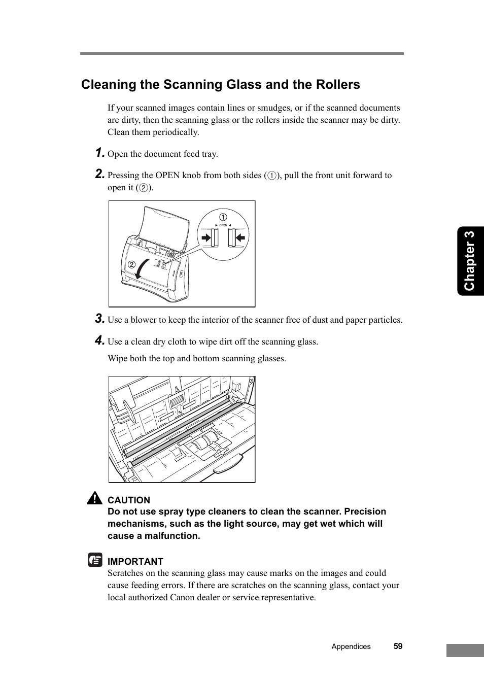 Cleaning the scanning glass and the rollers | Canon DR-2050SP User Manual | Page 65 / 103