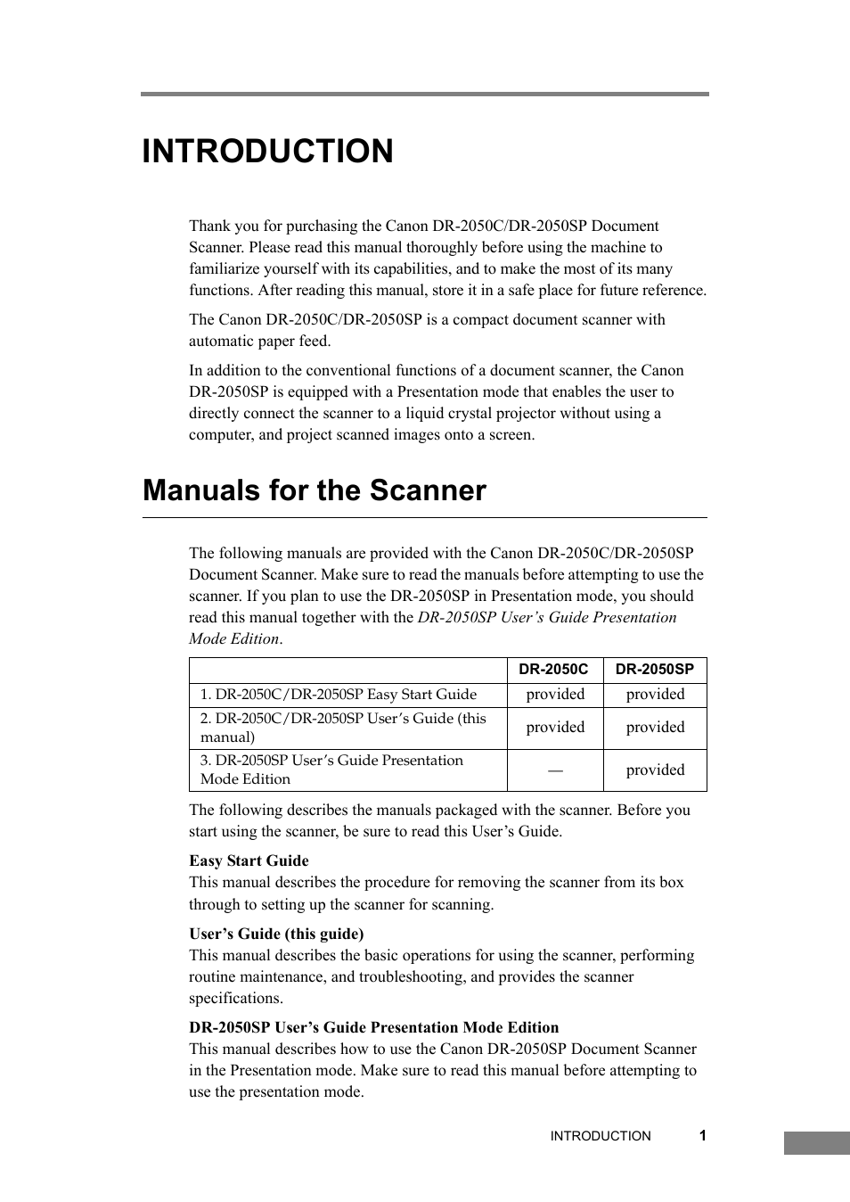 Introduction, Manuals for the scanner, Chapter | Canon DR-2050SP User Manual | Page 7 / 103