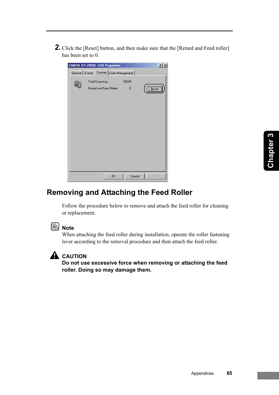 Removing and attaching the feed roller, Chapter 3 2 | Canon DR-2050SP User Manual | Page 71 / 103