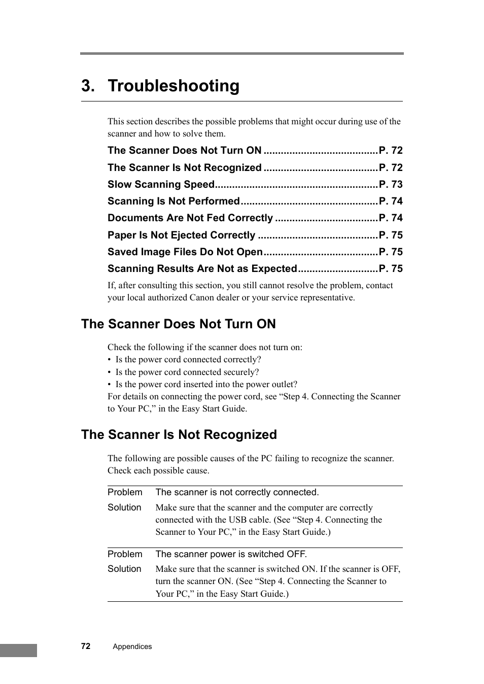 Troubleshooting, The scanner does not turn on, The scanner is not recognized | Canon DR-2050SP User Manual | Page 78 / 103