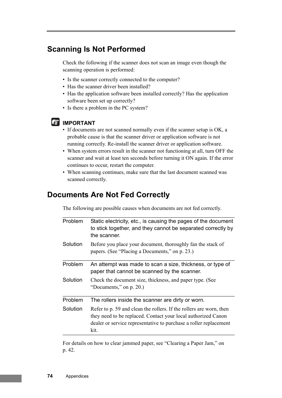 Scanning is not performed, Documents are not fed correctly | Canon DR-2050SP User Manual | Page 80 / 103