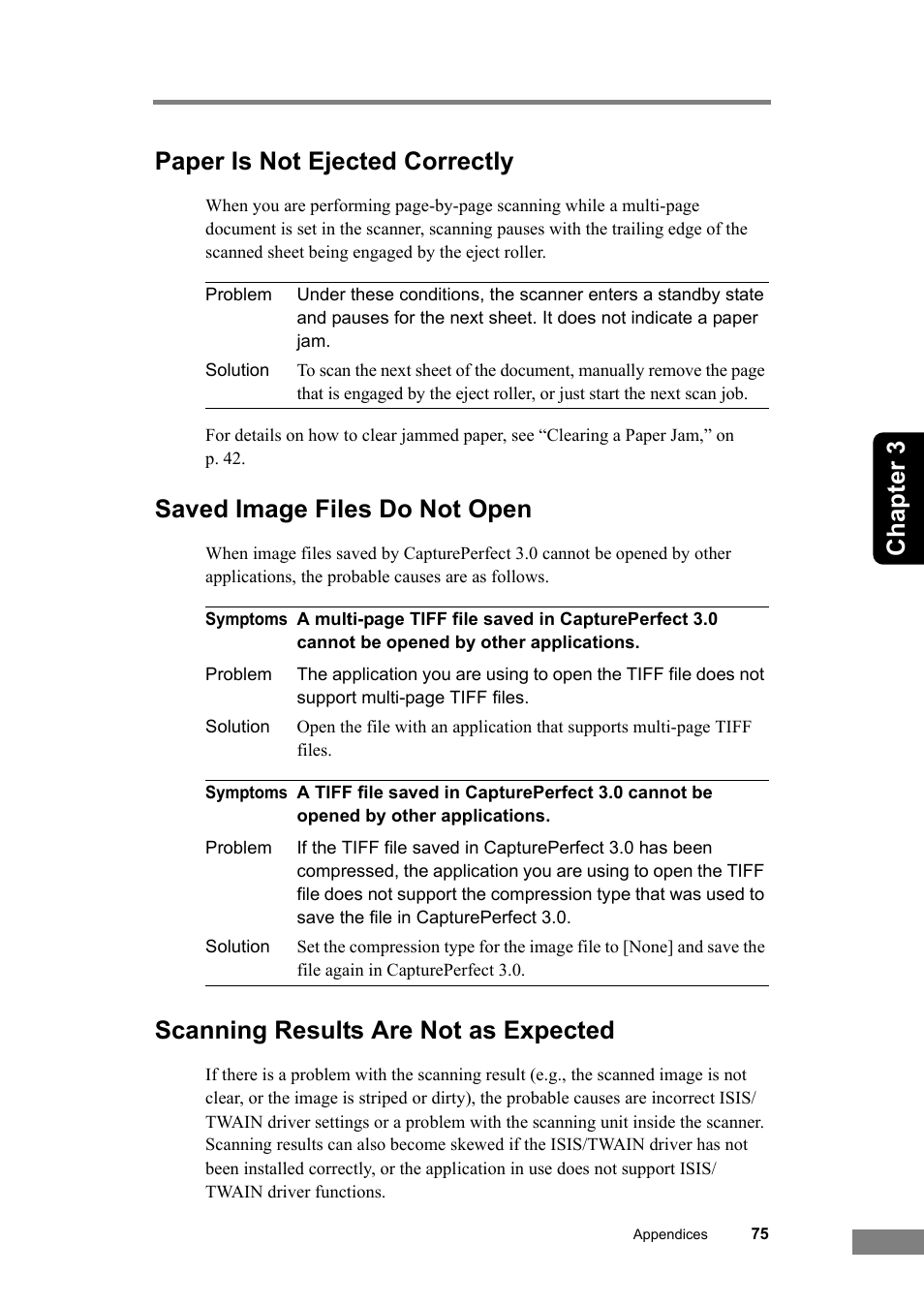 Chapter 3 paper is not ejected correctly, Saved image files do not open, Scanning results are not as expected | Canon DR-2050SP User Manual | Page 81 / 103