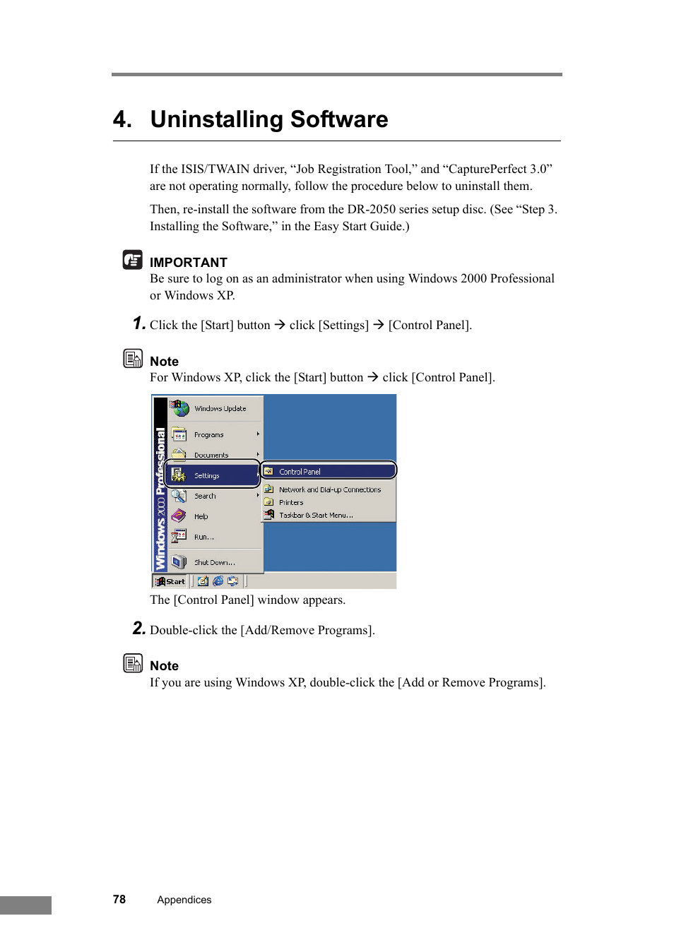 Uninstalling software | Canon DR-2050SP User Manual | Page 84 / 103