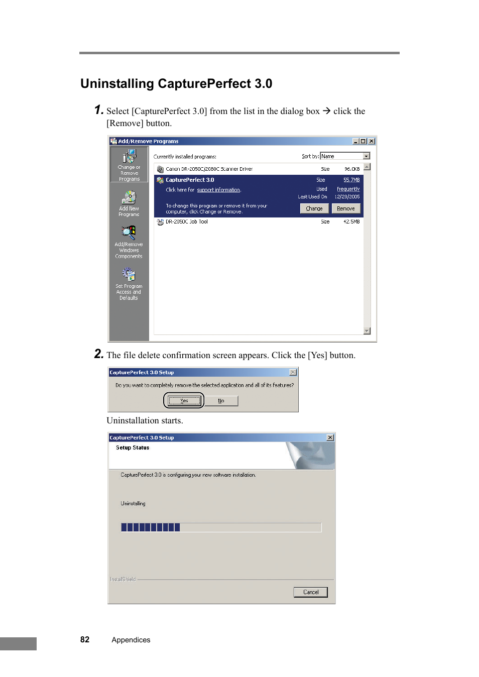 Uninstalling captureperfect 3.0, Uninstalling captureperfect 3.0 1 | Canon DR-2050SP User Manual | Page 88 / 103