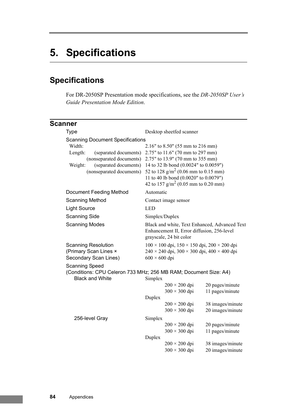 Specifications, Scanner | Canon DR-2050SP User Manual | Page 90 / 103