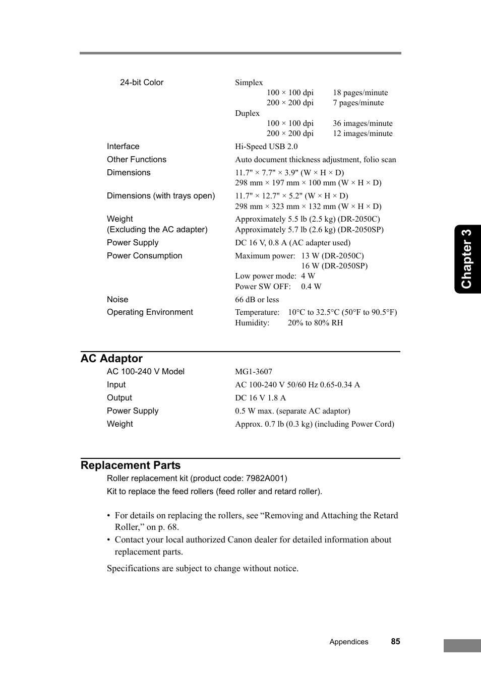 Chapter 3, Ac adaptor replacement parts | Canon DR-2050SP User Manual | Page 91 / 103