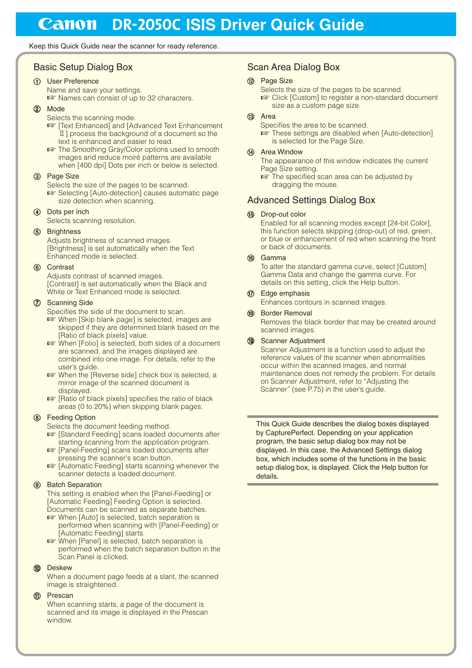 Isis driver quick guide, Basic setup dialog box, Scan area dialog box | Advanced settings dialog box | Canon DR-2050SP User Manual | Page 99 / 103