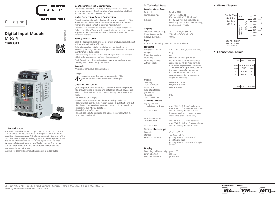 Contemporary Control Systems Modbus Cube I/O MR-SI4 User Manual | 3 pages