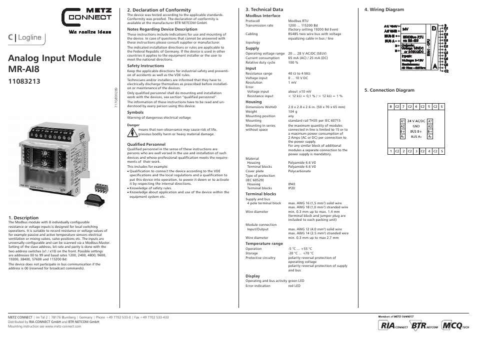 Contemporary Control Systems Modbus Cube I/O MR-AI8 User Manual | 4 pages