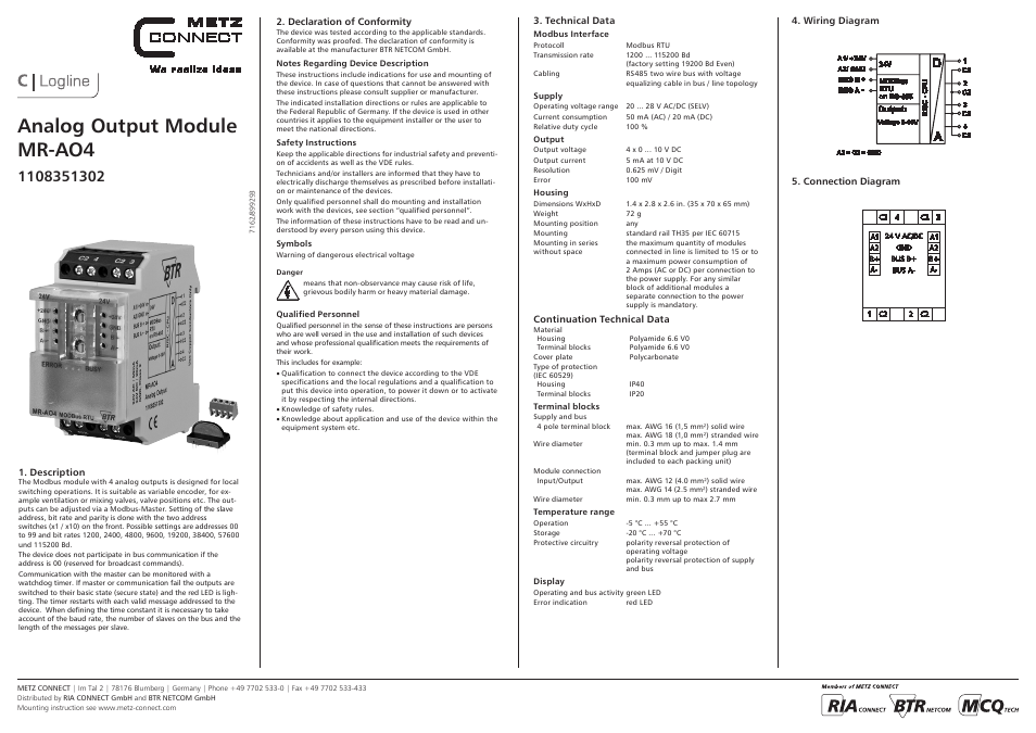 Contemporary Control Systems Modbus Cube I/O MR-AO4 User Manual | 3 pages