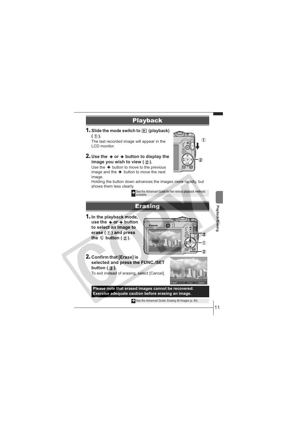 Playback, Erasing | Canon IXUS 60 User Manual | Page 13 / 27