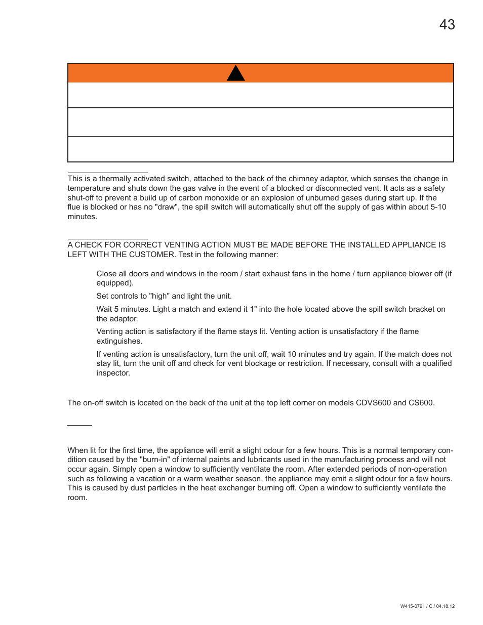 Warning, 0 operation | Continental Fireplaces CDVS600 User Manual | Page 43 / 56